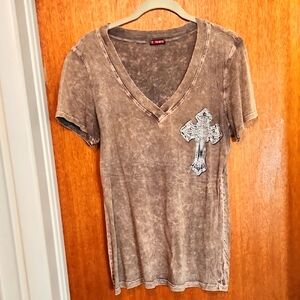 Distressed V-Neck Women's Top with Cross Design
